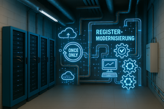 Bild eines Serverraums mit den Worten "Registermodernisierung" und "Once Only" in leuchtenden Buchstaben an der Wand.
