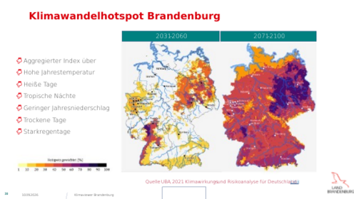 Karte Klimawandelhotspots Brandenburg Klimawandel-Hotspots in Brandenburg für 2031–2060 und 2071–2100. Die Karten veranschaulichen räumliche Unterschiede bei ausgewählten Klimasignalen.