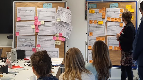 Gruppe von Teilnehmerinnen und Teilnehmern vor einer Pinnwand mit User Story Vorlagen, die ausgefüllt worden sind